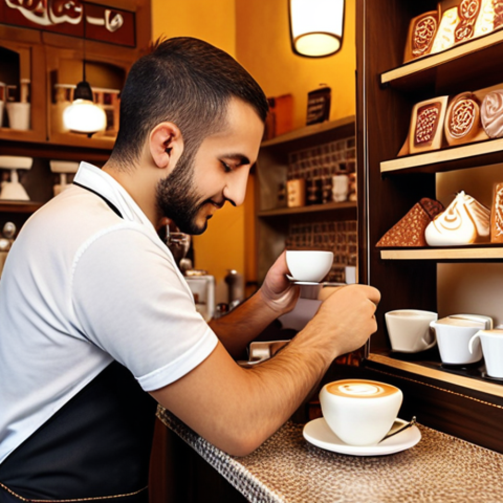 ** A cozy Turkish café interior, warm lighting, filled with the aroma of freshly brewed Turkish coffee. A young, friendly barista is expertly crafting a latte art design on a cappuccino. Turkish delight and traditional desserts are displayed on the counter.

**